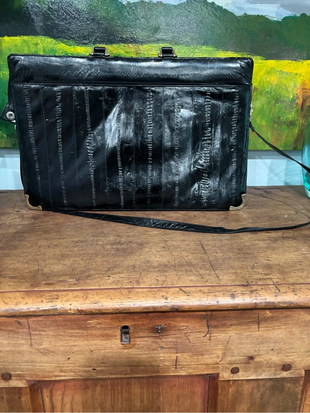 Vintage 80s Genuine Eel Skin Briefcase Crossbody Bag Black Gold Corners